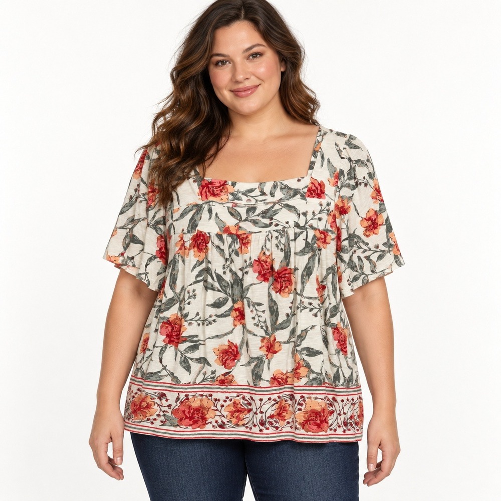 Lucky Brand Floral Square Neck Babydoll Top XL White Red Orange Short Sleeve
